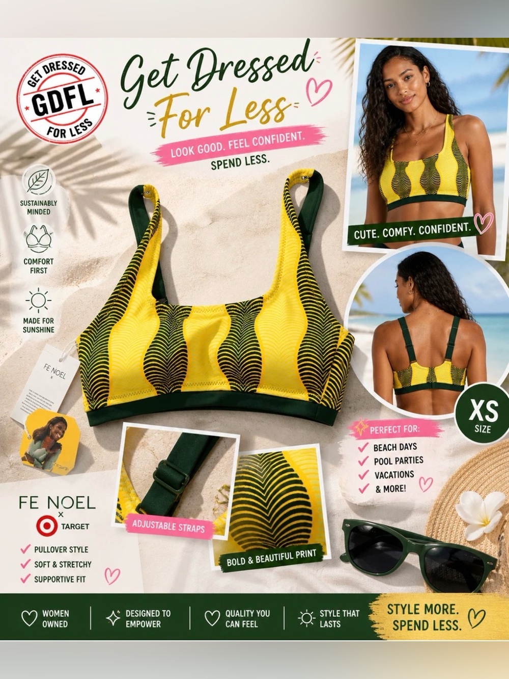Women’s XS Fe Noel x Target Bikini Top Yellow Green Animal Print Swim